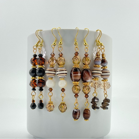 Art Glass Dangle Earrings, Handmade, Vintage Brown Swirl Beads, Crystals, BoHo - Picture 10 of 10